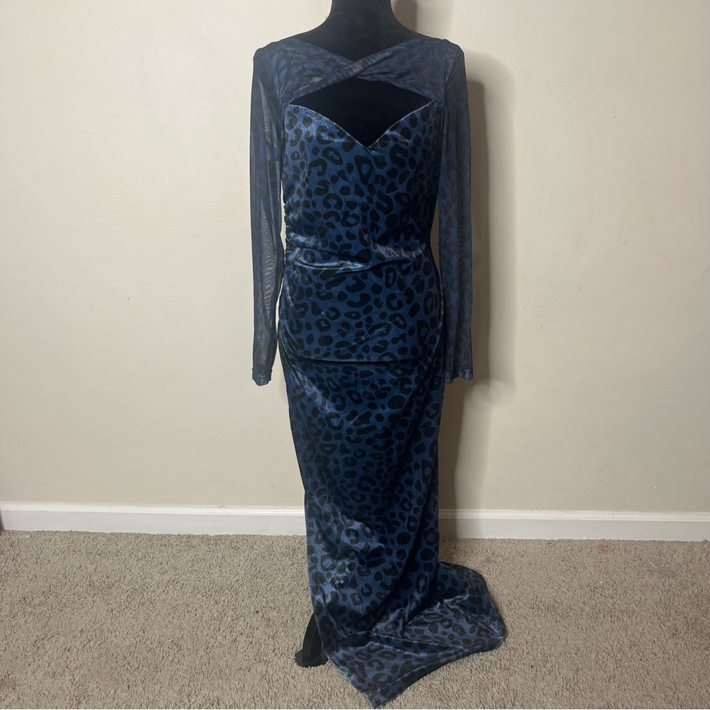 Women’s Blue Black Leopard Mesh Sleeve Thigh Split Ruched Velvet Maxi Dress Sz M